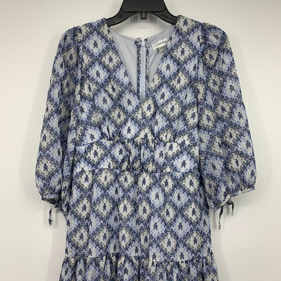 Calvin Klein Dress Blue Floral Tiered Midi Tie 3/4 Sleeve V Neck - Picture 4 of 14